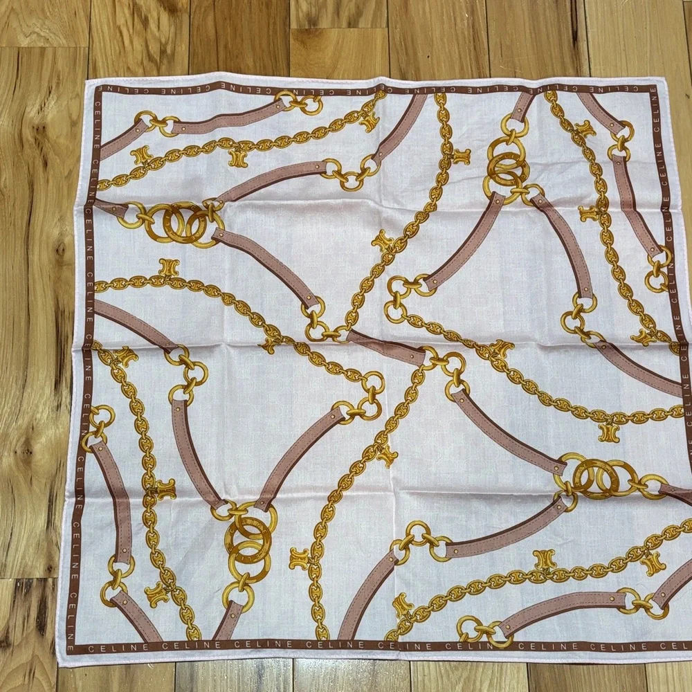 Celine Light Pink Scarf with Gold and Brown Chain Design - Picture 4 of 7